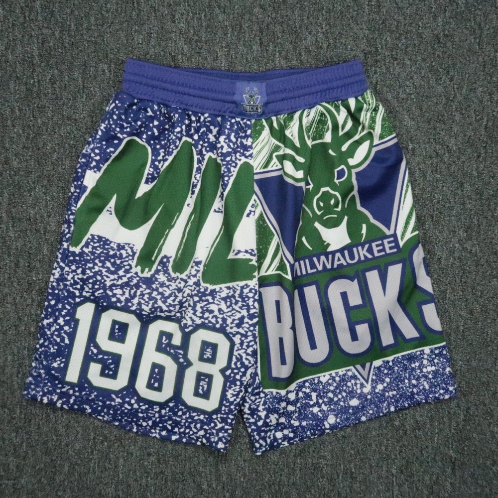 Milwaukee Bucks Shorts Mens Small Purple Green Mitchell Ness‎ Graphic AOP